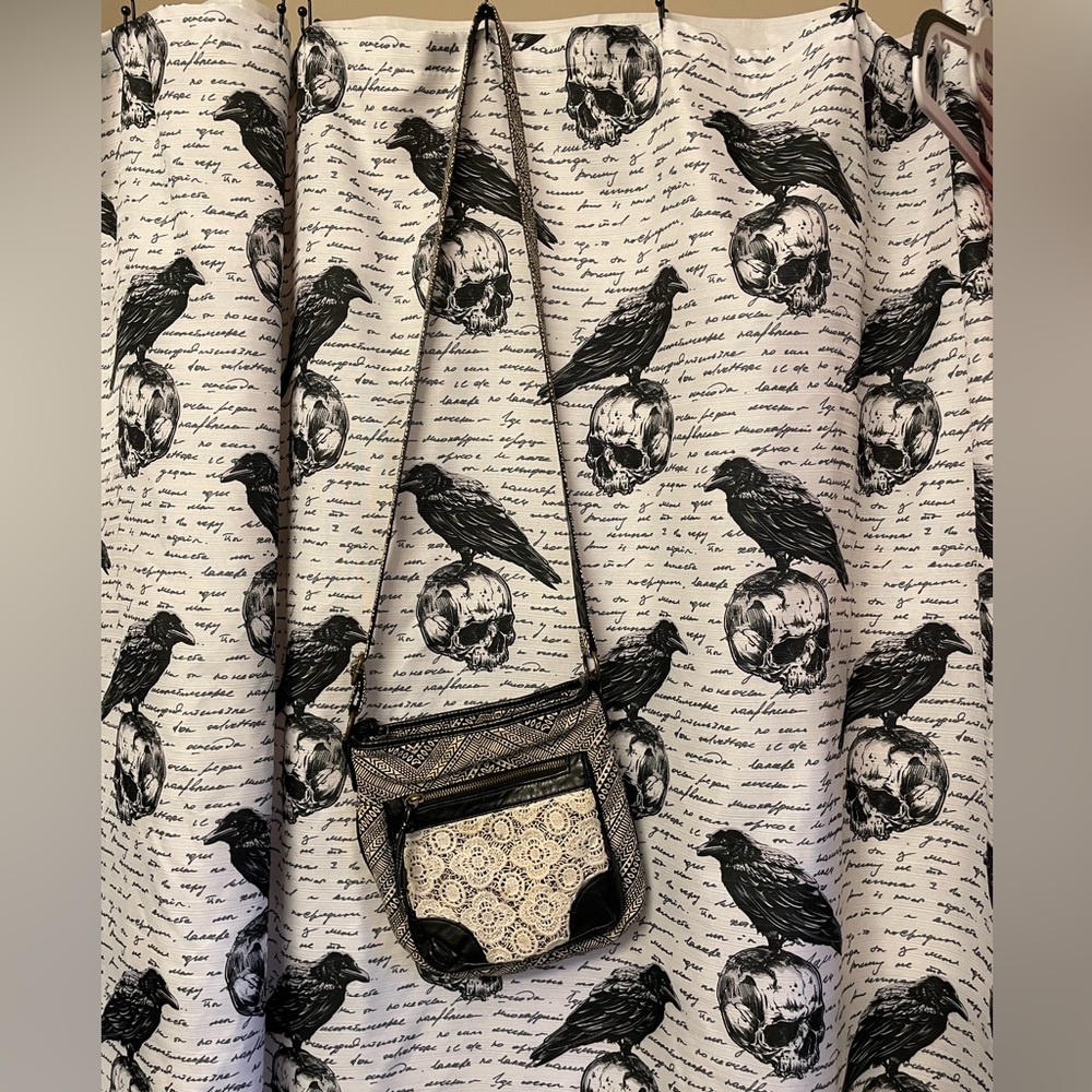 Cloth boho crossbody bag, black & white